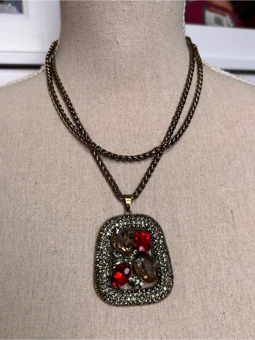 Vintage Style Red & Smoky Crystal Pavé Square Pendant Necklace Moody Vibe